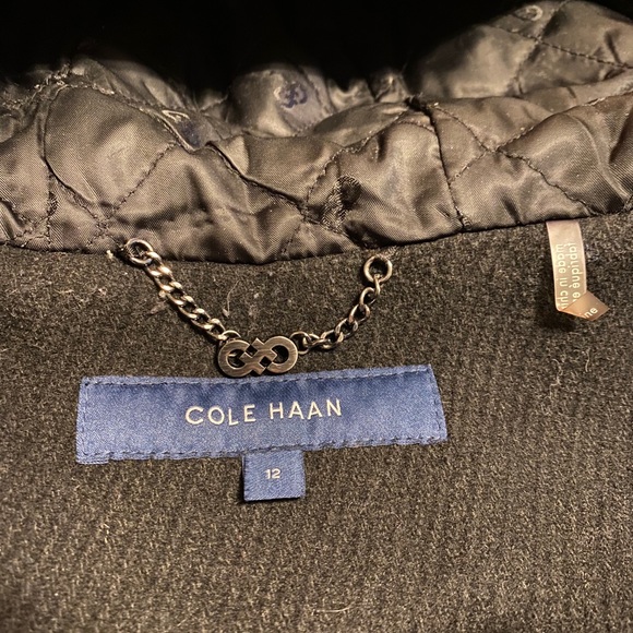 COLE HANN PEACOAT WOOL BLEND LEATHER TRIM & HOOD - Picture 10 of 11